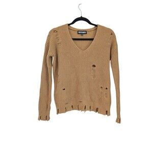 Sweet & Sinful Distressed V Neck Cozy Knit Sweater SIZE XS